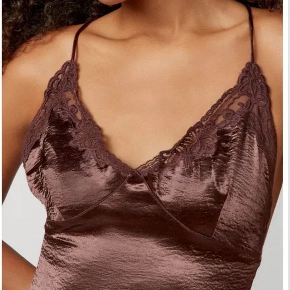 Urban Outfitters Chloe Chocolate Satin Slip Dress Lace Bust Crossover Back Sz L - Picture 2 of 12